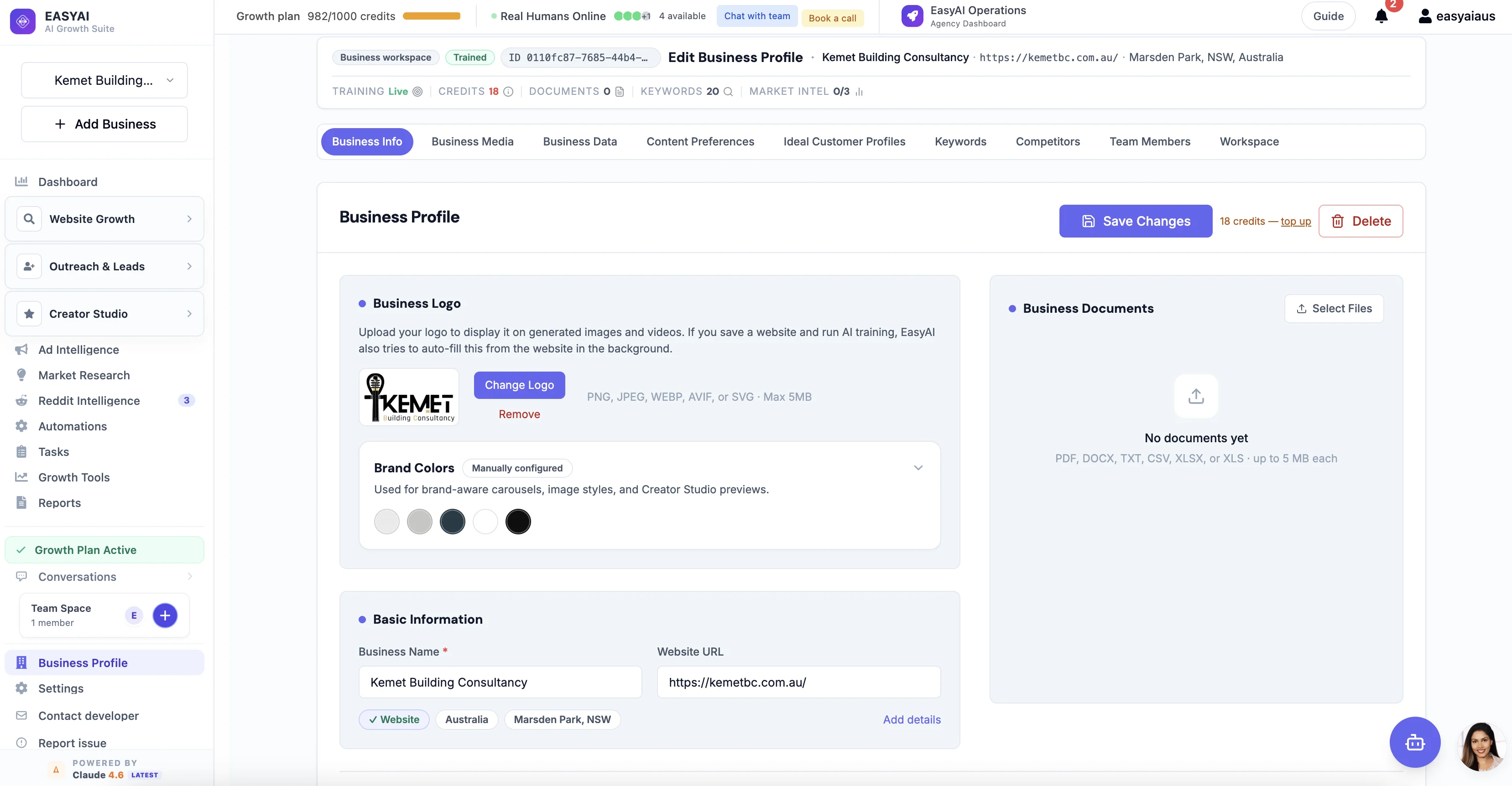 EasyAI business profile setup with brand colours, logo, and business info