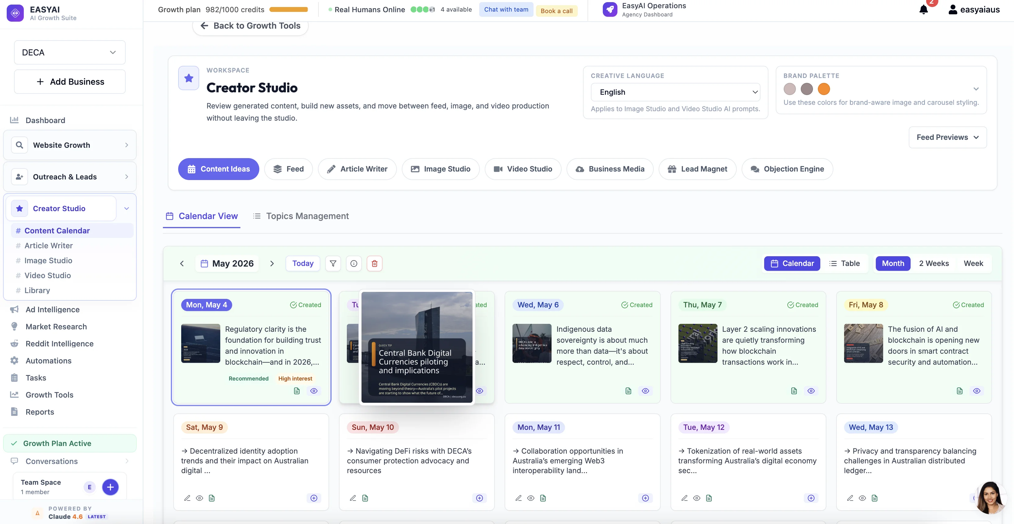 EasyAI Creator Studio post planner with scheduled content and brand-aware publishing