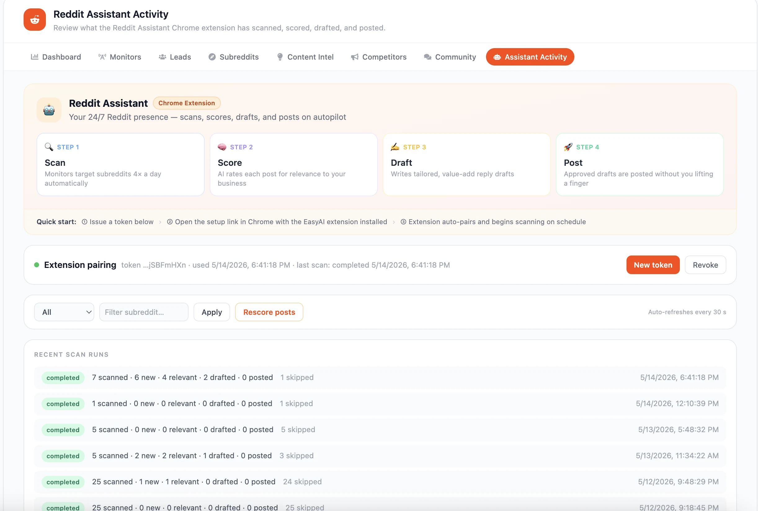 EasyAI Reddit Assistant activity dashboard with scan history, token pairing, and posting workflow