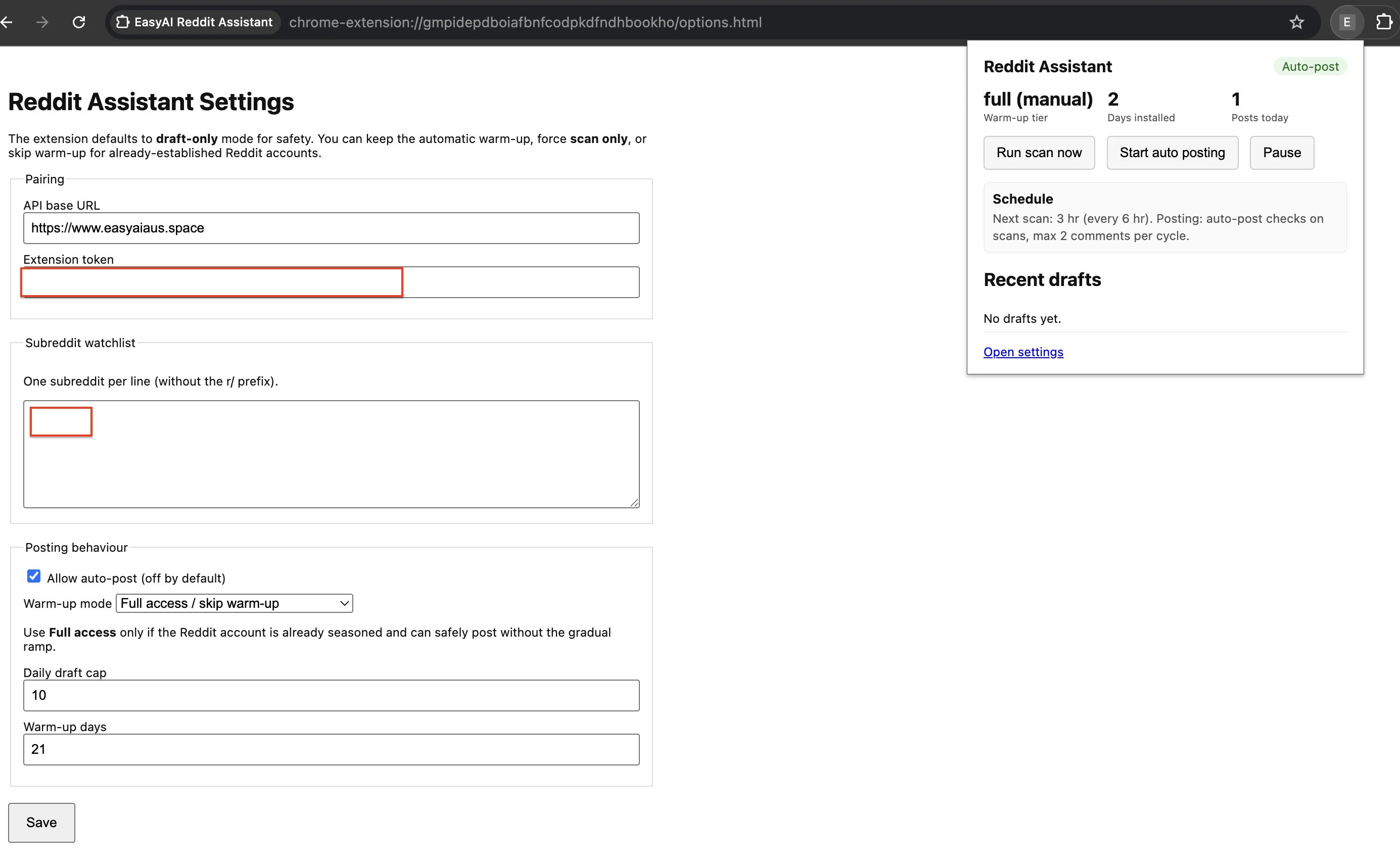 EasyAI Reddit Assistant Chrome extension settings with watchlists, warm-up mode, and daily draft caps