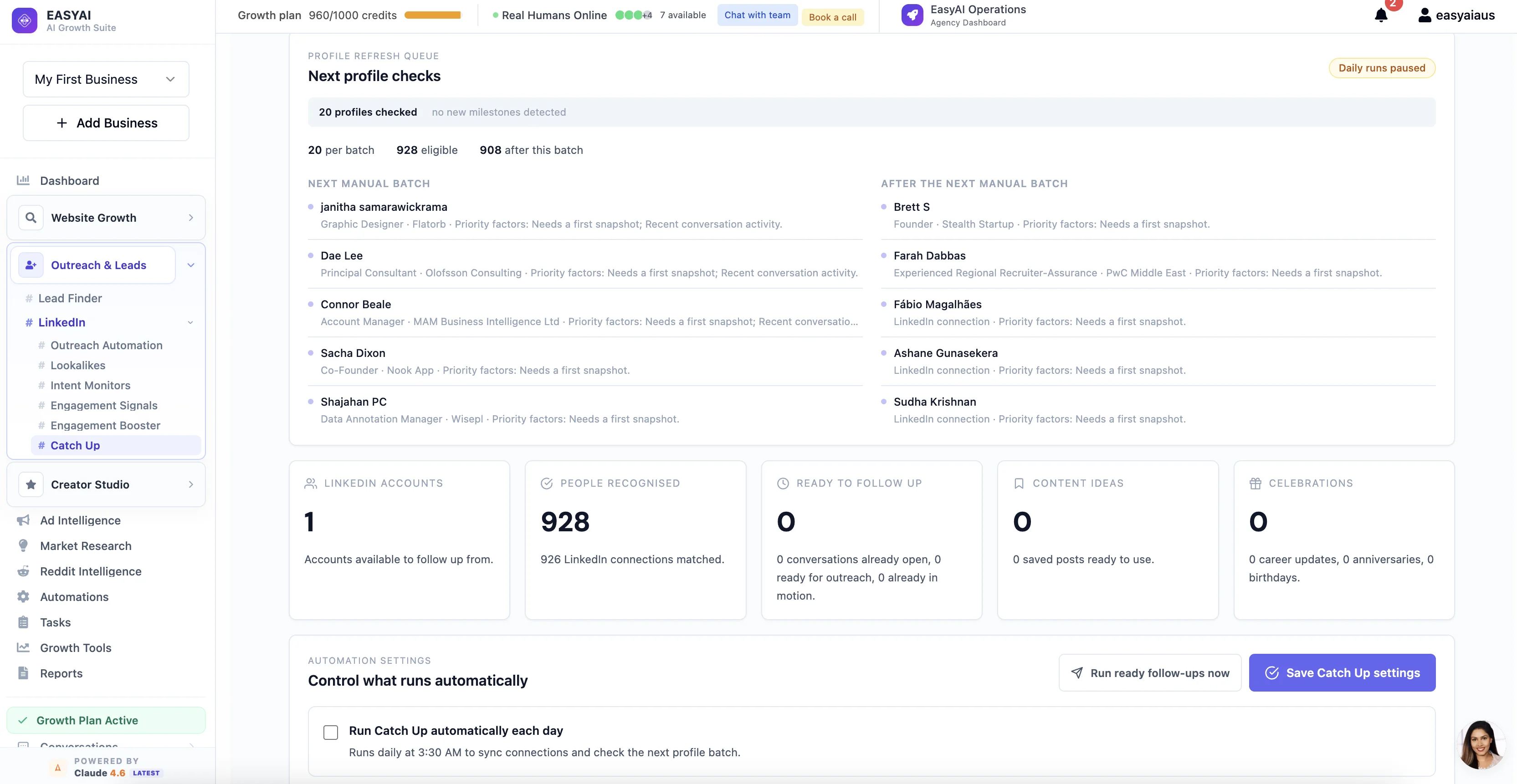 EasyAI Catch Up — reconnect with LinkedIn connections using recent content as a reason