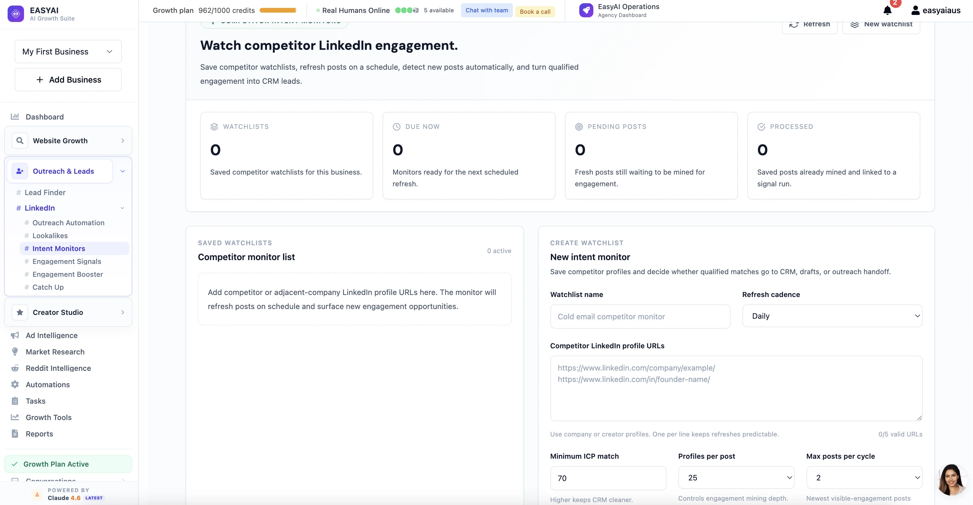 EasyAI Intent Monitors — watch competitor LinkedIn engagement and mine buying signals