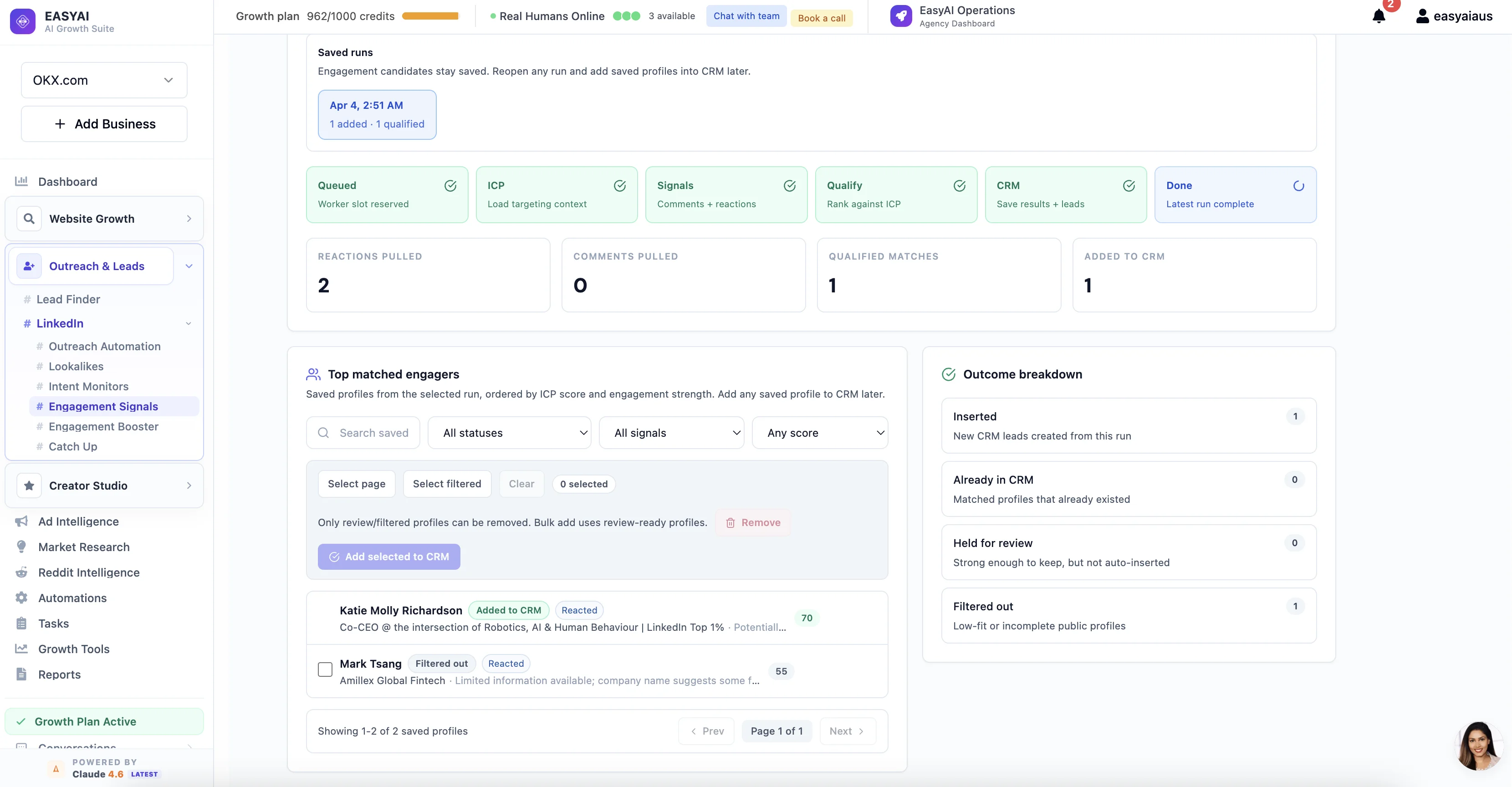EasyAI Engagement Signals — mine LinkedIn post reactions and comments for qualified leads