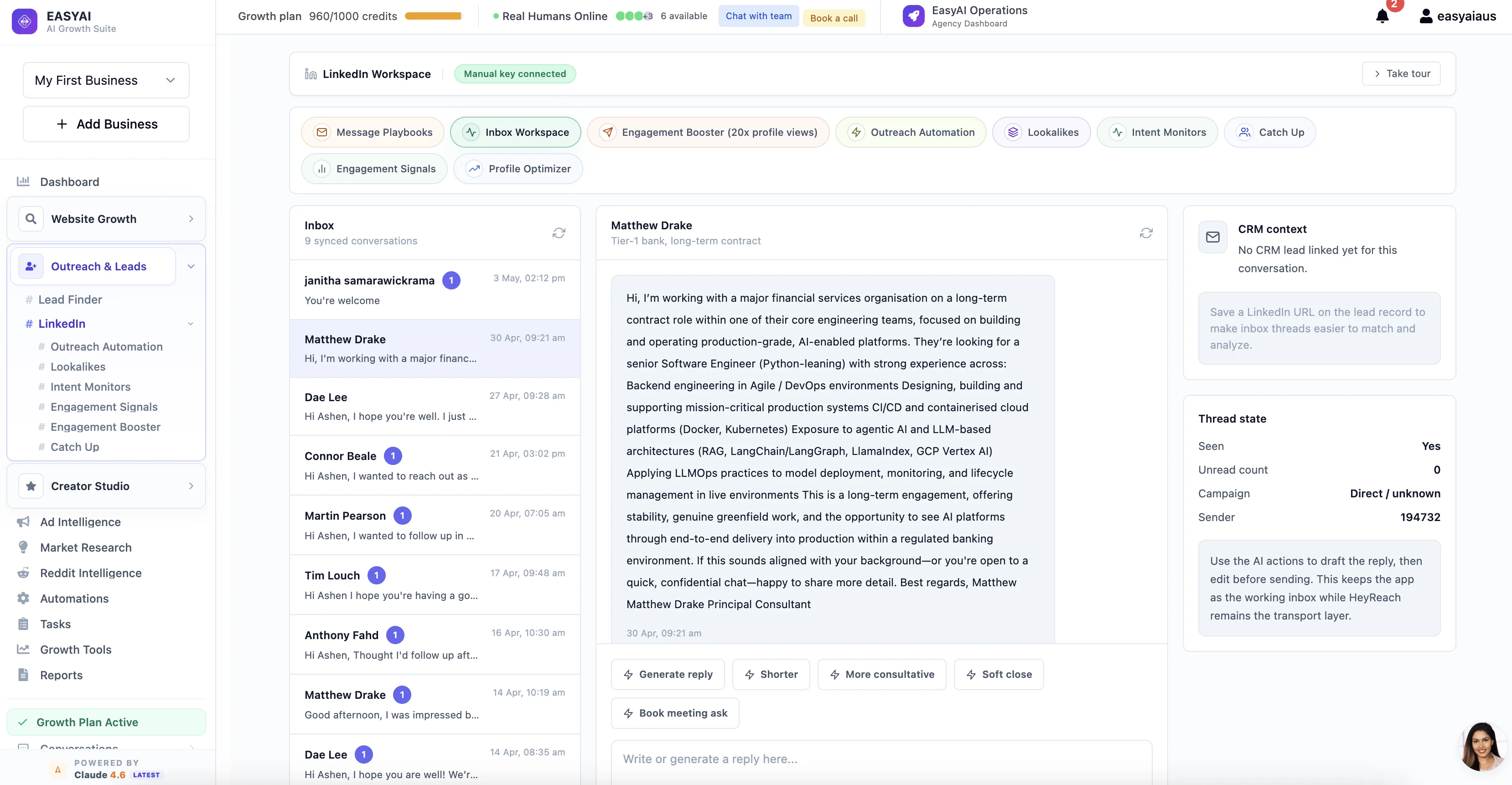 EasyAI LinkedIn Inbox Workspace — AI-assisted replies and conversation management
