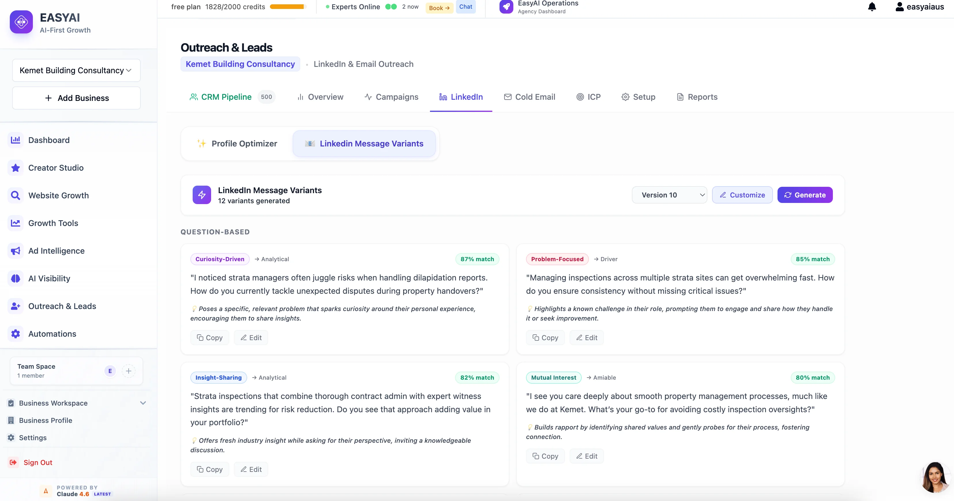 EasyAI LinkedIn message variants screenshot