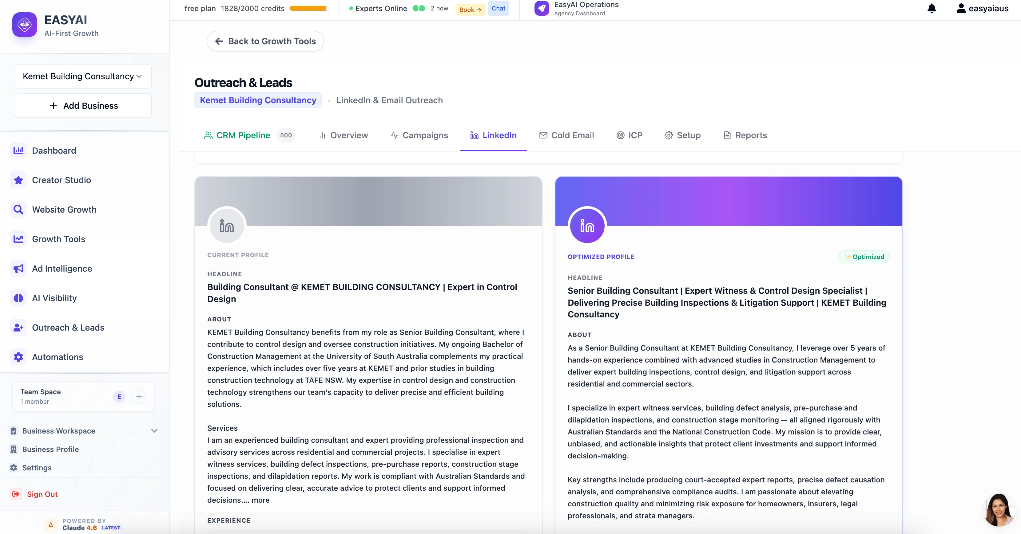 EasyAI LinkedIn profile optimizer screenshot