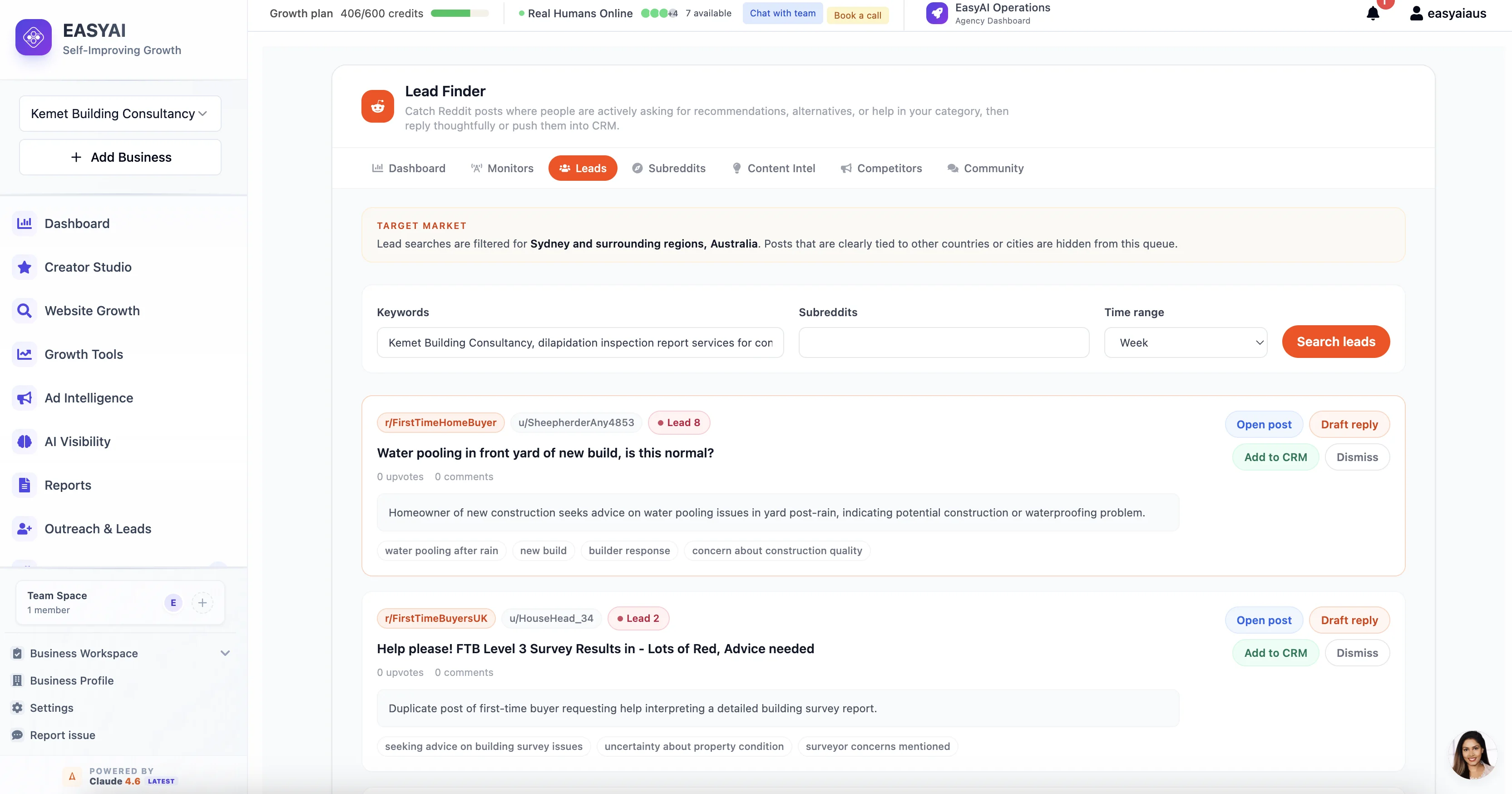 EasyAI Reddit intelligence lead finder with community posts, lead scores, and reply actions