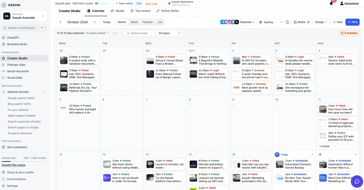 EasyAI content calendar for October 2026 with posted, scheduled and overdue posts