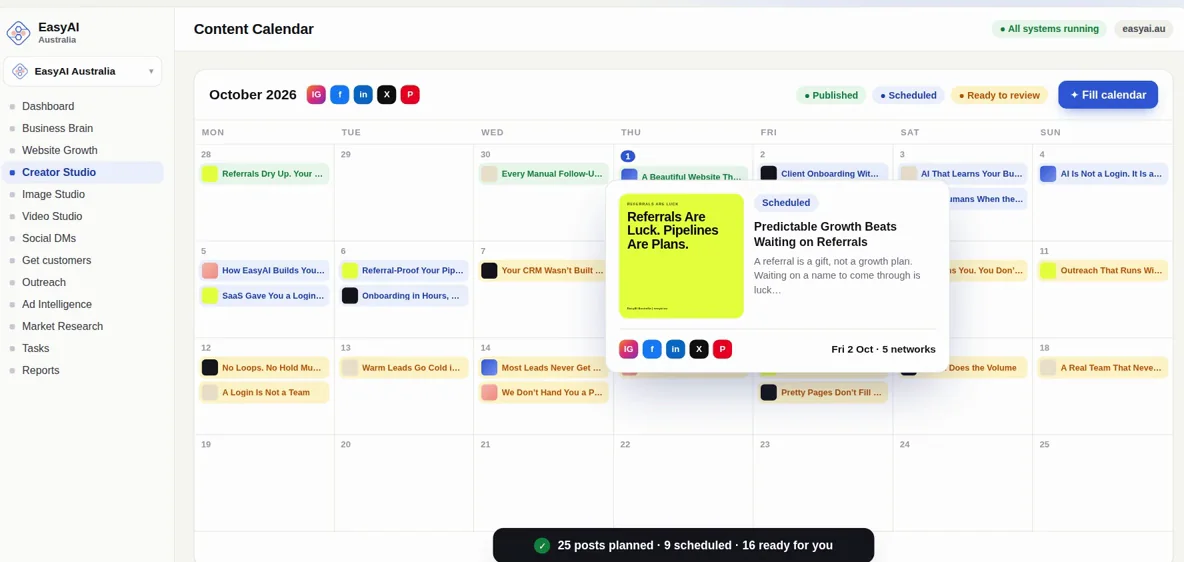EasyAI content calendar for October 2026 with scheduled posts and a post preview open