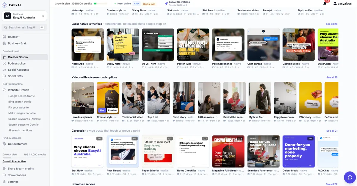 EasyAI Creator Studio feed with native-style posts, carousels and captioned videos