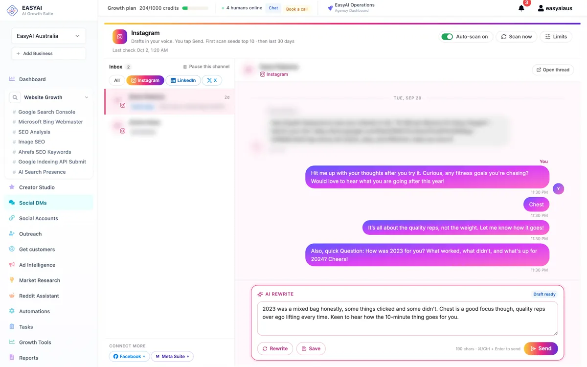 Instagram inbox with an AI-drafted personal DM ready to send
