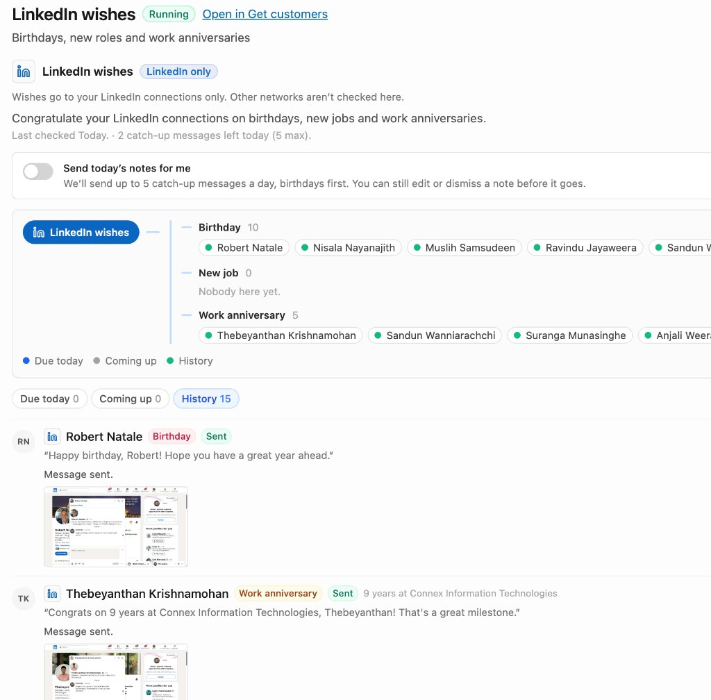 EasyAI LinkedIn wishes sending birthday and work anniversary notes to connections