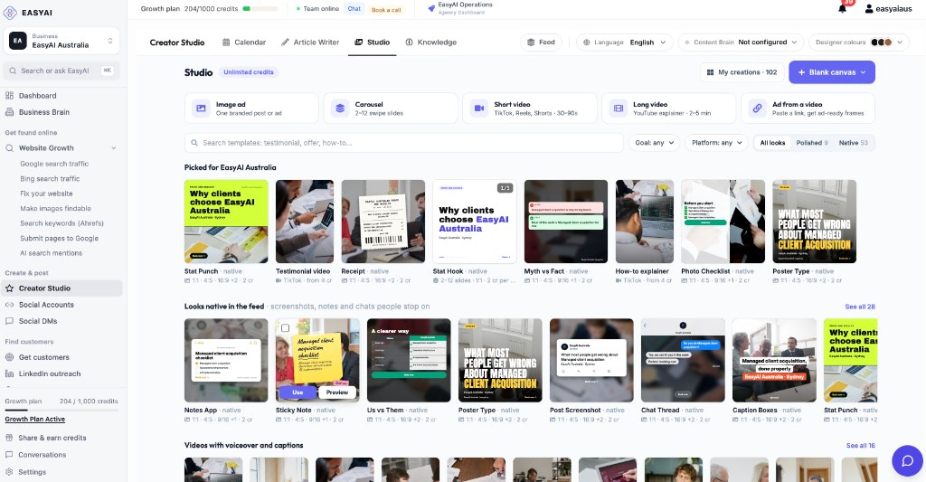 EasyAI Studio home with image ads, carousels, short video, long video, and brand-picked templates