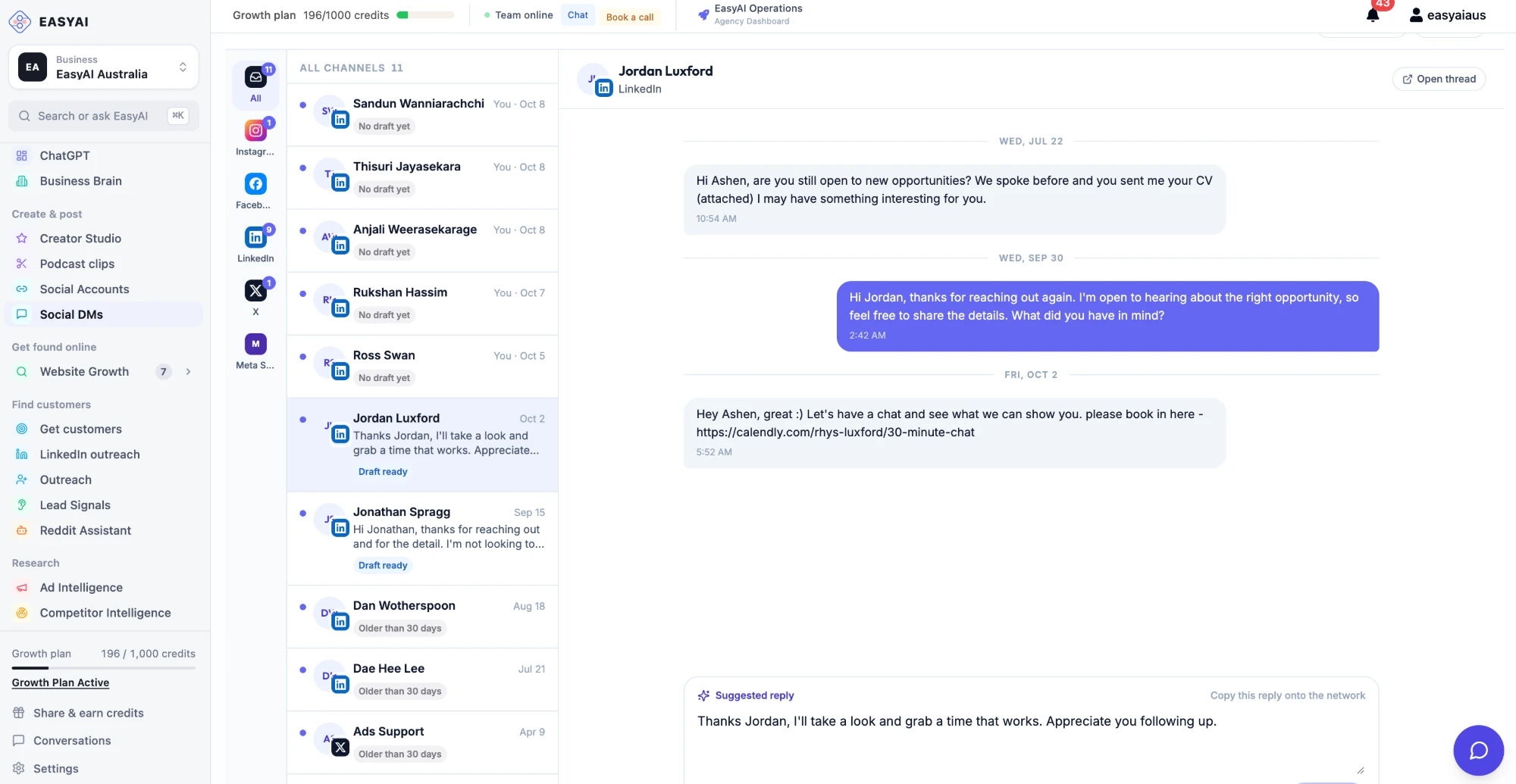 EasyAI Social DMs inbox with a suggested reply drafted for a LinkedIn message