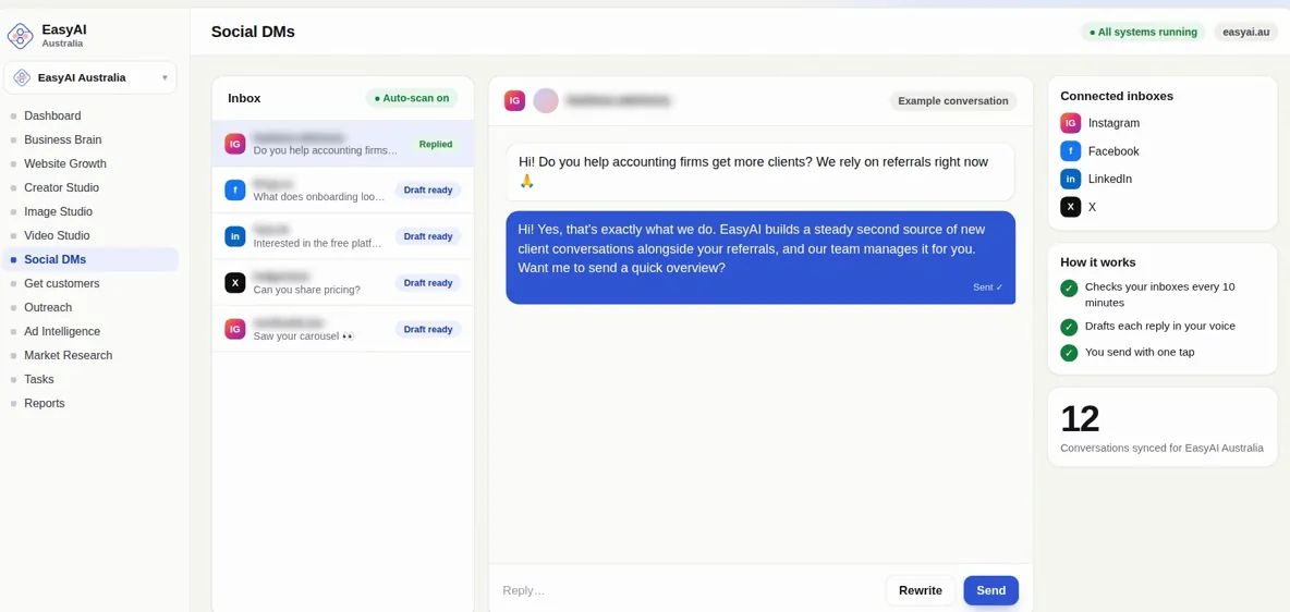 EasyAI Social DMs inbox with an AI reply sent on Instagram