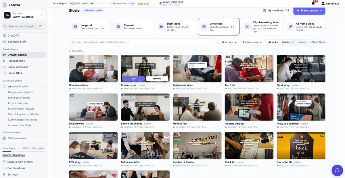 EasyAI Studio long video templates for YouTube explainers