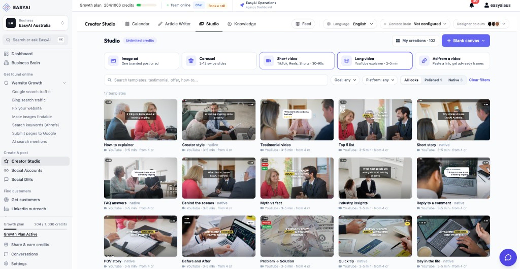 EasyAI Studio with long-form video templates for YouTube explainers
