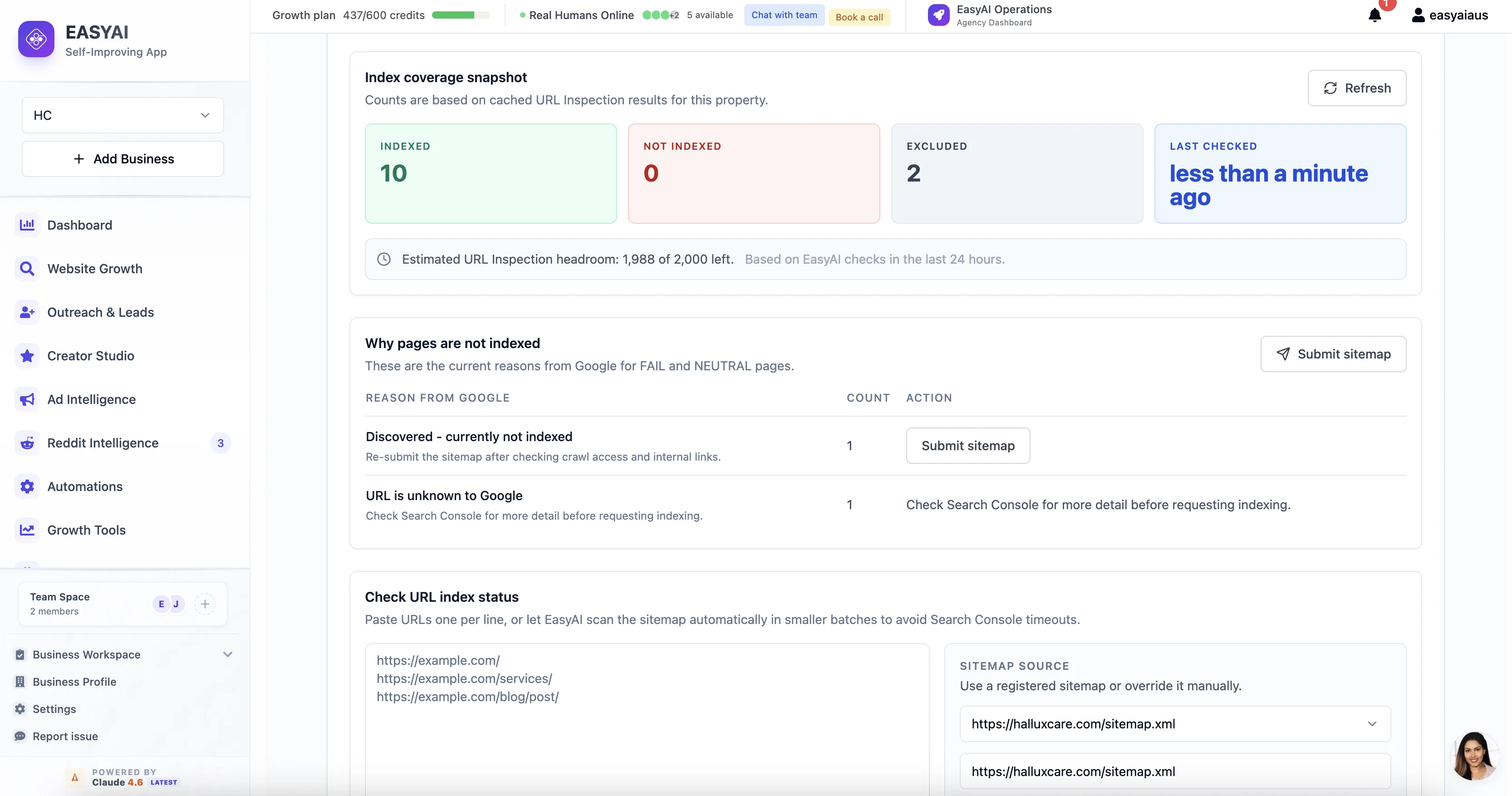 EasyAI index coverage mode screenshot with indexed pages, exclusions, and sitemap actions