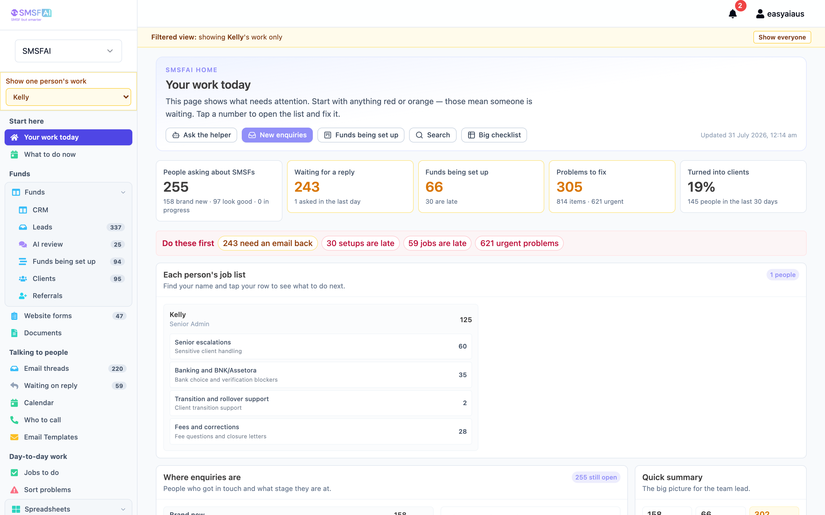 The client workspace dashboard — every job, owner and blocker on one screen