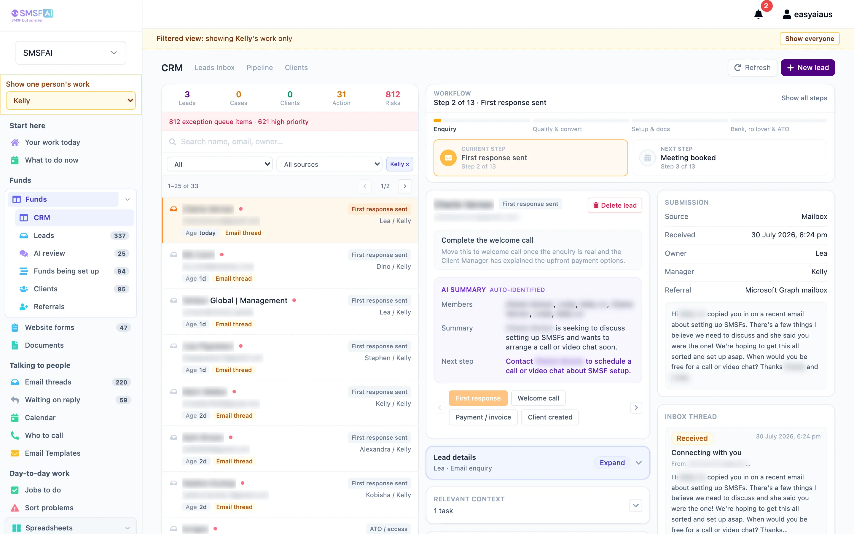 Client lead view showing the 13-step workflow, AI summary, next step, and first-response status