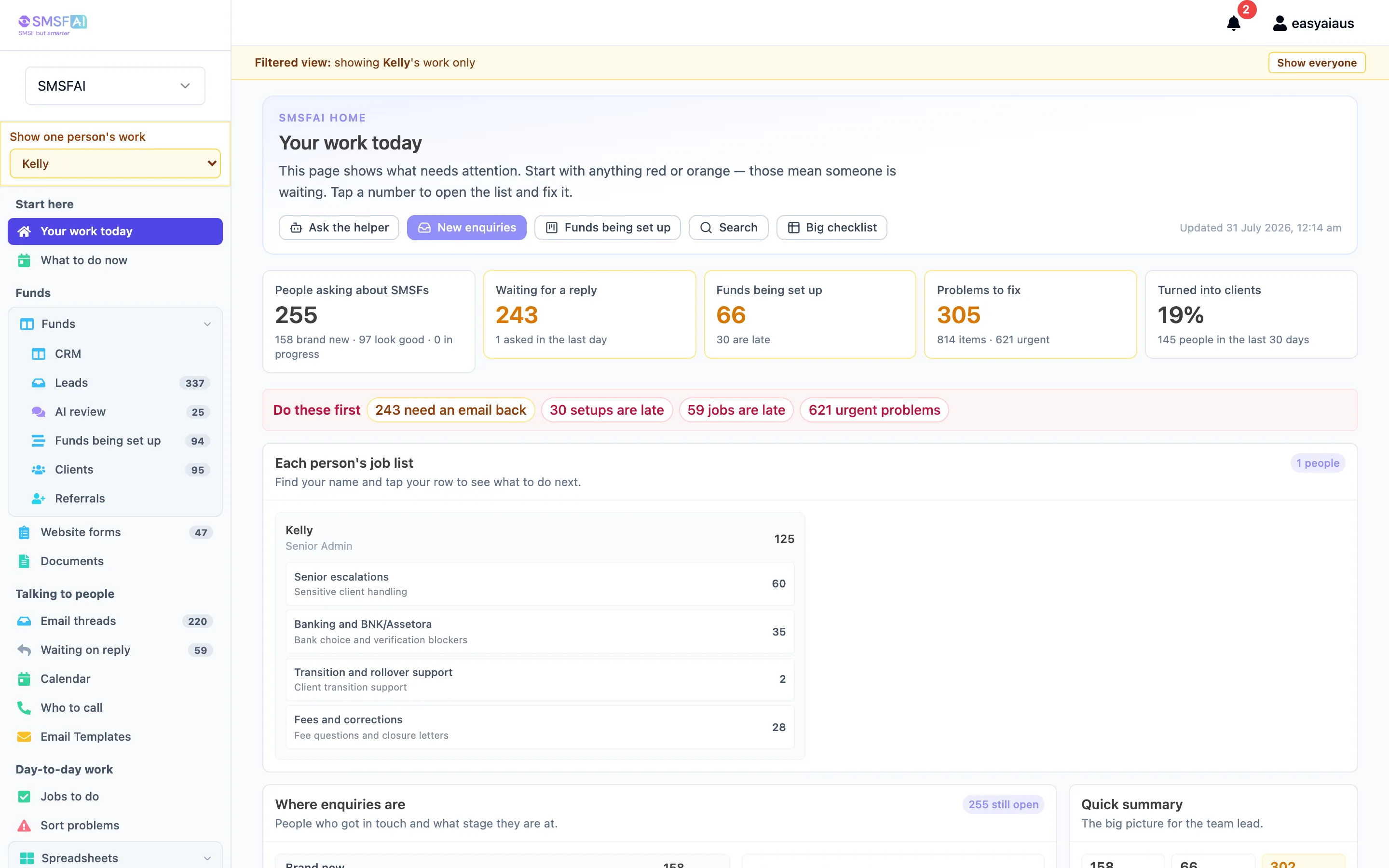 Client dashboard with morning briefing, new leads, and team lanes