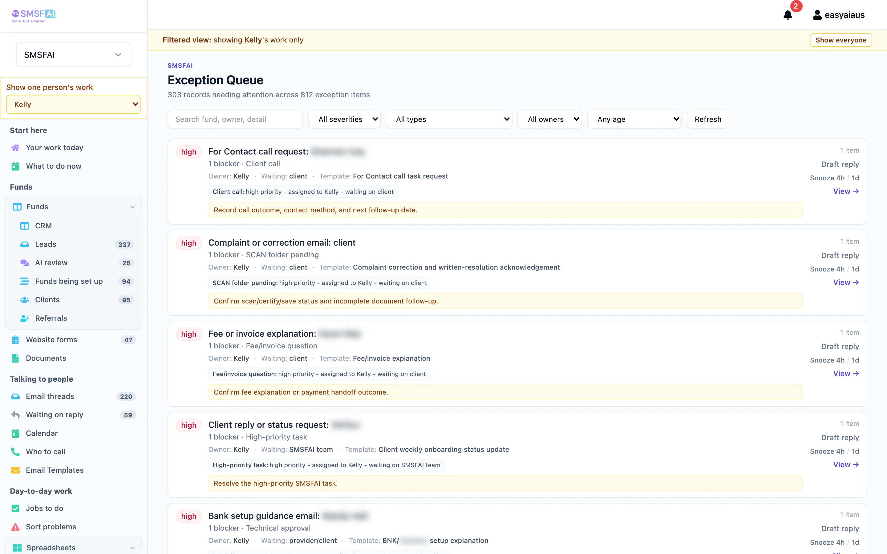 Client exception queue showing each item's owner, who it is waiting on, and a draft reply