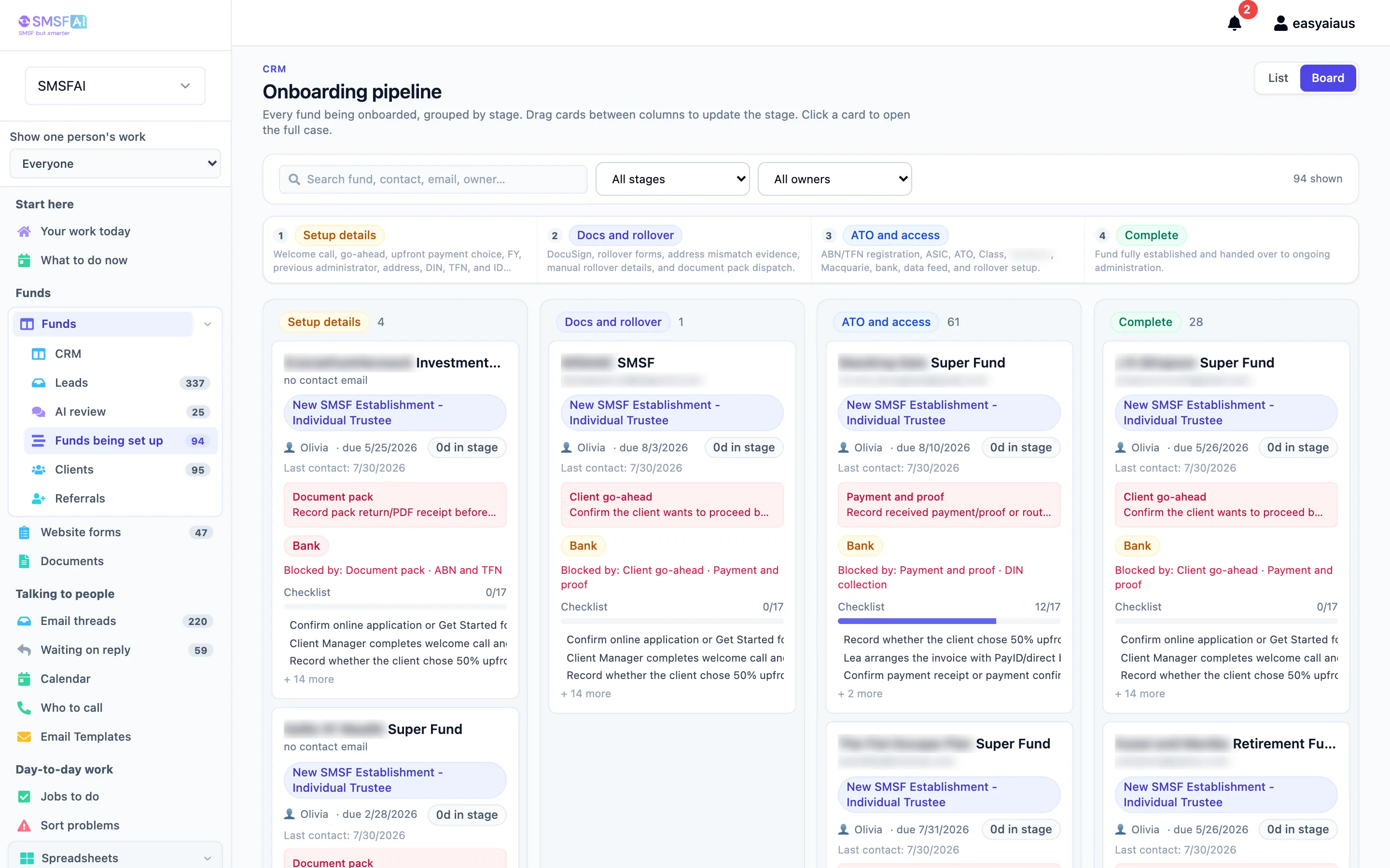 Client onboarding pipeline board with funds grouped by stage and blockers shown on each card