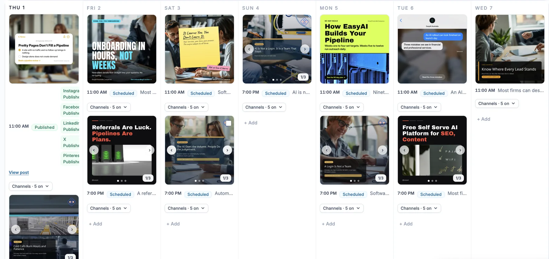EasyAI content calendar showing a week of posts scheduled across five channels