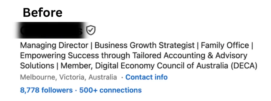 Profil ta' LinkedIn, isem moħbi. Qabel, jum 1: 8,778 segwaċi