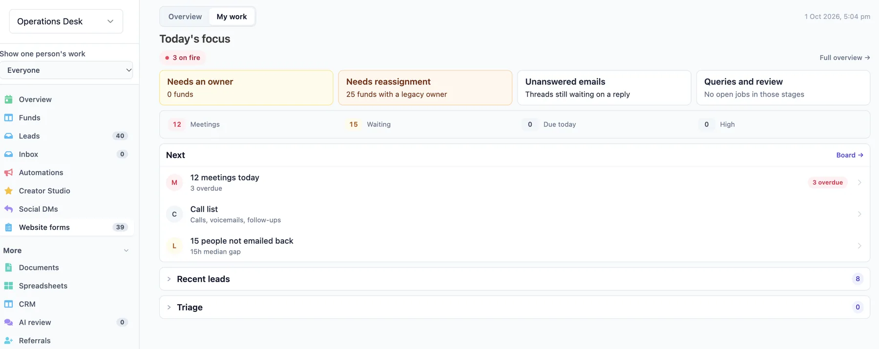 EasyAI operations platform showing today's meetings, follow-ups, leads and website forms in one view
